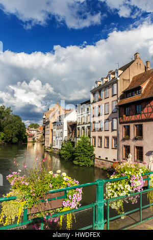 Der Ill im Viertel Petite France mit traditioneller Architektur, Straßburg, Elsass. Stockfoto