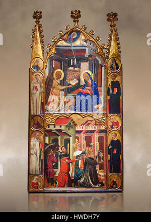 Gothic malte Panel Altarbild der Verkündigung durch den Kreis von Ferrer.  Nationales Museum für katalanische Kunst, Barcelona, Spanien, Inv keine: 015855-000 Stockfoto