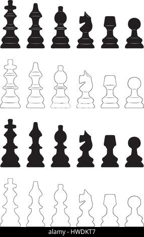 Reihe von verschiedenen Schachfiguren isoliert auf weiss Stock Vektor