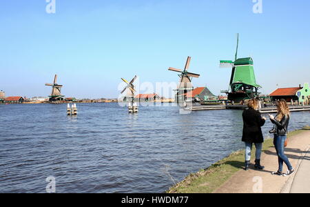 Zaanse Schans, Zaandam, Niederlande. Panorama von 4 Mühlen aus dem 18. Jahrhundert. Von rechts nach links: Gekroonde Poelenburg, De Kat, De Zoeker, Het Jonge Schaap. Stockfoto