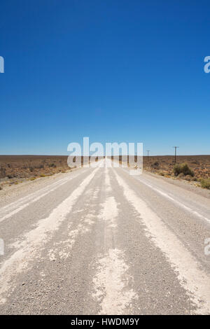 Ein gerader Feldweg durch die trockene Halbwüste der Karoo in Südafrika. Stockfoto