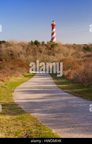 Der Leuchtturm von Haamstede am Ende eines Weges durch die Dünen in Zeeland, Niederlande. Stockfoto