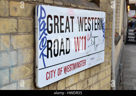 Great Western Road W11 Straßenschild, Westbourne Park, London, UK. Stockfoto