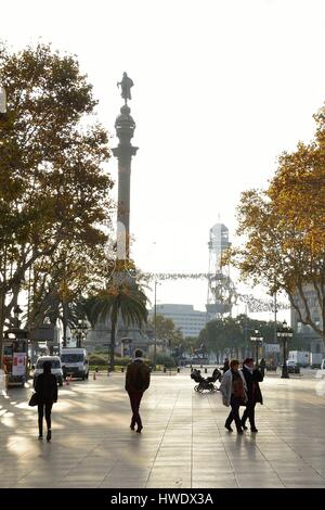 Spanien, Katalonien, Barcelona, La Barceloneta, Port Vell, Christopher Columbus Spalte von Architekt Gaietà Buigas für die Weltausstellung von 1888 am Ende der La Rambla de Sant Josep, Las Ramblas gebaut Stockfoto