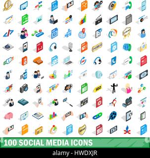 100 social-Media Icons Set, isometrischen 3d Stil Stock Vektor