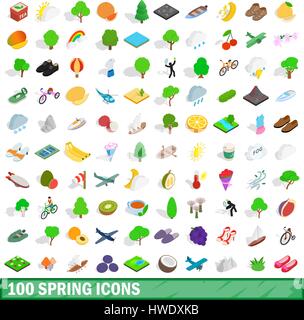 100 Frühling Icons Set, isometrischen 3d Stil Stock Vektor