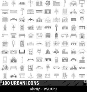 100 städtische Icons Set, Umriss-Stil Stock Vektor