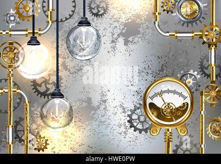 Industrielle grauen Hintergrund mit antikem Messgerät und Runde Glühbirnen. Design mit Getriebe. Steampunk-Stil. Industrie-Design. Stock Vektor