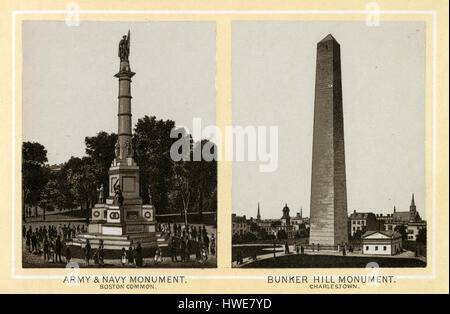 Antike 1883 monochromen Drucken aus einem Souvenir-Album, zeigt die Armee & Marine-Denkmal (Boston Common) und der Bunker Hill Monument (Charlestown) in Boston, Massachusetts. Entworfen von Martin Milmore, Soldiers and Sailors Monument errichtet zur Erinnerung an Massachusetts Soldaten und Seeleute, die im amerikanischen Bürgerkrieg gestorben. Das Bunker Hill Monument errichtet anlässlich der Schlacht von Bunker Hill, das war unter der ersten großen Schlachten zwischen den Briten und Patriot Kräfte im amerikanischen revolutionären Krieg, kämpfte dort 17. Juni 1775. Bedruckt mit dem Glaser/Frey-Lithographie, Stockfoto