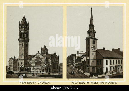 Antike 1883 monochromen Drucken aus einem Souvenir-Album, zeigt die New Old South Church und Old South Meeting House in Boston, Massachusetts. Old South Church ist eine historische United Church of Christ-Gemeinde erstmals im Jahre 1669 organisiert. Der heutige Bau wurde von Charles Amos Cummings und Willard, 1873 fertiggestellt im neugotischen Stil entworfen. Das Old South Meeting House ist ein historisches Kirchengebäude an der Ecke von Milch und Washington Street in Downtown Crossing Bereich, gebaut im Jahre 1729. Gedruckt mit dem Glaser/Frey lithografischen Prozess, eine-Mehrleisten Lithographie-d Stockfoto