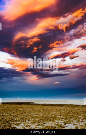 Schöne Wolkenformationen bei Sonnenuntergang auf Kina Beach, Neuseeland Stockfoto