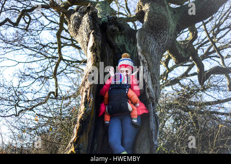 Frau im hohlen Baum, junge Baby im Tragetuch tragen Stockfoto