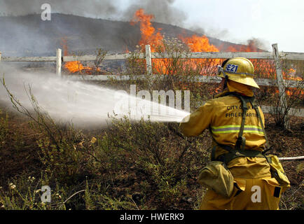 Ein Feuerwehrmann verwenden einen Wasserschlauch, um ein Buschfeuer in Temecula, Kalifornien auf Dienstag, 4. Mai 2004 zu begießen.  Den letzten trockenen, heißen Wetter erzielt Bedingungen in Südkalifornien anfällig für Widlfires, der Wald und einige Gebäude zerstört hat. Foto von Francis Specker Stockfoto