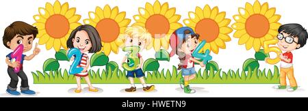 Zahlen mit glücklichen Kindern und Sonnenblumen Illustration zählen Stock Vektor