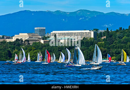 Blick vom Genfersee zum Ariana-Park mit der UN-Gebäude des Palais des Nations und das Intercontinental Hotel, Genf, Schweiz Stockfoto