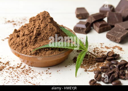 Kakaopulver in einer Schüssel mit Schokoladenstückchen und Kaffeebohnen Stockfoto