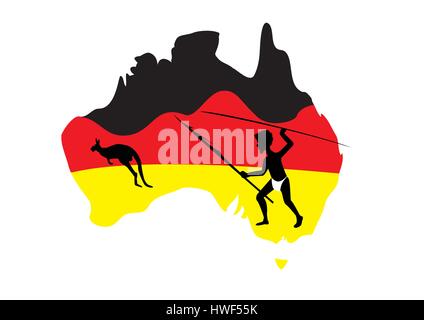 Karte von Australien in schwarz rot und gelb mit einem Aborigine Mann mit einem Speer Stock Vektor