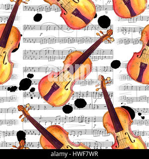 Eine nahtlose Hintergrundmuster mit handgezeichneten Geigen zu den Noten mit Tintenflecken Stockfoto