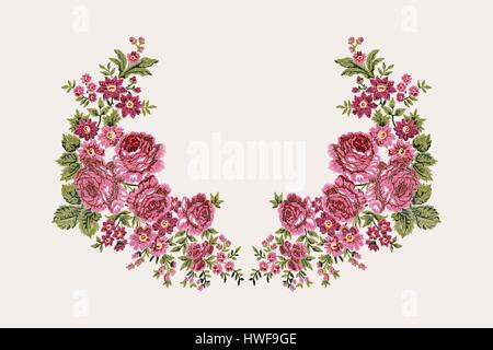 Gestickte Blumen ethnischen Hals-Line-Design, Vintage rosa Rosen. Mode zu tragen. Stock Vektor