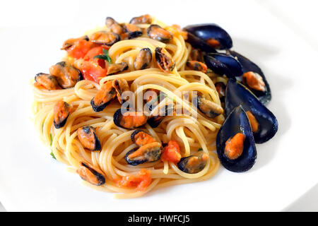 Gericht vorbereitet und bereit, Essen, Nudeln mit Muscheln und Tomaten. Weißem Hintergrund Stockfoto