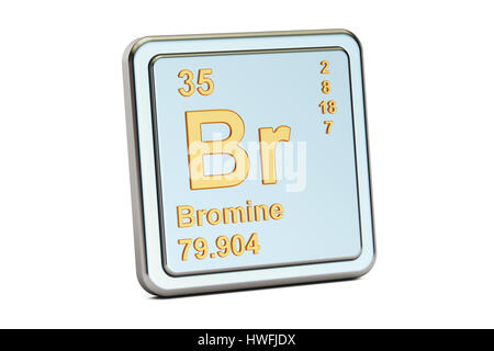 Brom Br, Chemisches Element Zeichen. 3D-Rendering isoliert auf weißem Hintergrund Stockfoto