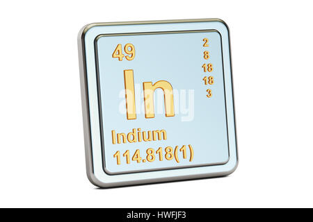 Indium In Chemisches Element Zeichen. 3D-Rendering isoliert auf weißem Hintergrund Stockfoto