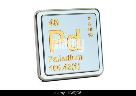 Palladium Pd Chemisches Element Zeichen. 3D-Rendering isoliert auf weißem Hintergrund Stockfoto