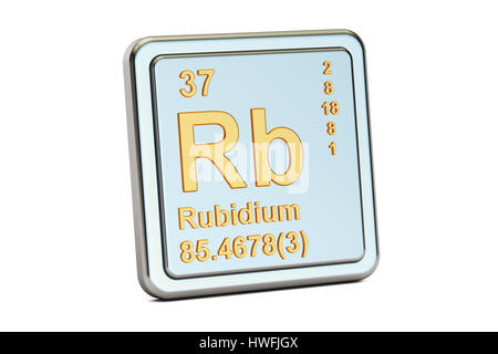 Rubidium Rb, Chemisches Element Zeichen. 3D-Rendering isoliert auf weißem Hintergrund Stockfoto