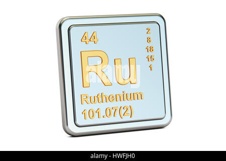 Ruthenium Ru Chemisches Element Zeichen. 3D-Rendering isoliert auf weißem Hintergrund Stockfoto