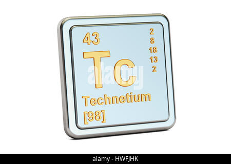 Technetium Tc Chemisches Element Zeichen. 3D-Rendering isoliert auf weißem Hintergrund Stockfoto