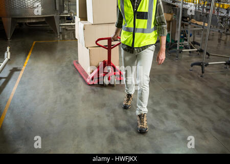 Geringer Teil der männlichen Arbeitnehmer ziehen Wagen im Lager Stockfoto