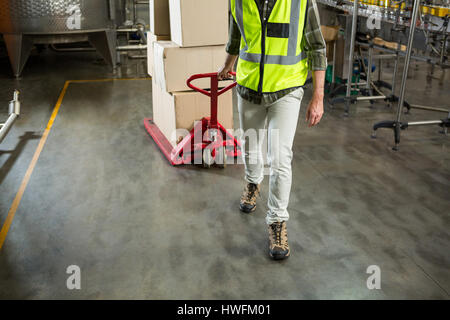 Geringer Teil der männlichen Arbeitnehmer ziehen Wagen im Lager Stockfoto