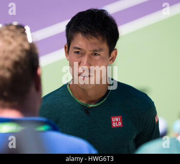 Key Biscayne, Florida, USA. 21. März 2017. Kei Nishikori, von Japan, während einer Pressekonferenz bei den 2017 Miami Open präsentiert von Itau Profi-Tennis-Turnier, gespielt im Crandon Park Tennis Center in Key Biscayne, Florida, USA. Mario Houben/CSM/Alamy Live-Nachrichten Stockfoto