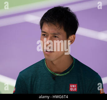 Key Biscayne, Florida, USA. 21. März 2017. Kei Nishikori, von Japan, während einer Pressekonferenz bei den 2017 Miami Open präsentiert von Itau Profi-Tennis-Turnier, gespielt im Crandon Park Tennis Center in Key Biscayne, Florida, USA. Mario Houben/CSM/Alamy Live-Nachrichten Stockfoto