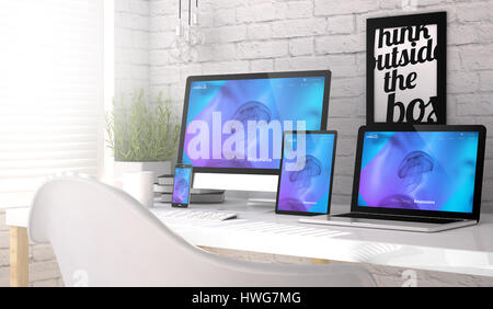 3D-Rendering der Geräte-Sammlung im Arbeitsbereich mit responsive Webdesign auf dem Bildschirm. Alle Bildschirm-Grafiken bestehen. Stockfoto