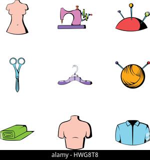 Nähmaschine Icons Set, Cartoon-Stil Stock Vektor