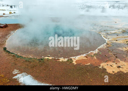 Strokkur Geysir auf geothermische Gebiet Haukadalur im Winter, Island Stockfoto