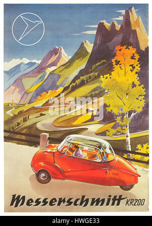 Messerschmitt KR200 'Bubble Car Post war 50er Jahre Vintage Retro Werbeplakat für das deutsche 3-Rad Messerschmitt KR200 'Bubble Car' Stockfoto