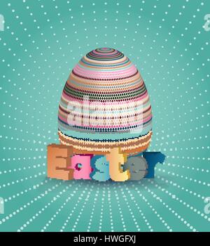 Ostern-Plakat, Ei auf blaues Muster. Eiern mit geometrischem Muster und 3D-Buchstaben. Vektor Stock Vektor