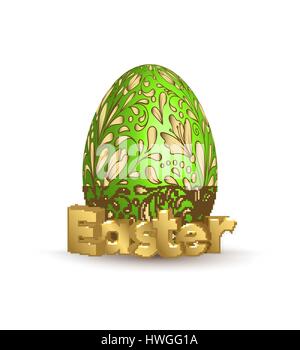 Osterei, Vektor Icon. Ei mit der Hand zeichnen golden Doodle auf grün Muster und 3d Schriftzug Ostern. Vorlage für Banner, Grußkarte, Einladung etc. Stock Vektor