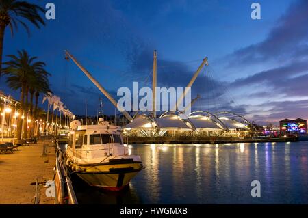 Italien, Ligurien, Genua, Porto Antico, dem Hafen mit dem Bigo von Renzo Piano Stockfoto