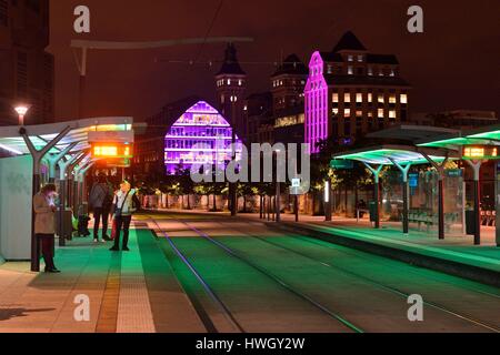 Frankreich, Paris, Straßenbahnstation Delphine Seyrig (T3b) in der Nacht Stockfoto