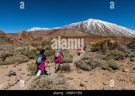 Espagne, Iles Kanaren, Ile de Tenerife, Parc national du Teide, Classé au Patrimoine Mondial de seine, Wanderer vor den Teide Stockfoto
