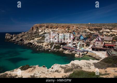 Malta, Malta Nordwest, Anchor Bay, Sweethaven Popeye Village, Family Fun-park, ehemals Filmkulisse für den Film Popeye mit Robin Williams Stockfoto