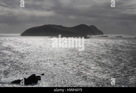 Blick auf die Great Blasket Island, vor der Küste des County Kerry, Irland an einem sonnigen Nachmittag mit grauem Himmel über Great Blasket. Stockfoto