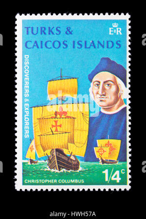 Briefmarke von Turks And Caicos Islands Darstellung Christopher Columbus und seine Flotte von Schiffen, die Nina, Pinta und Santa Maria Stockfoto