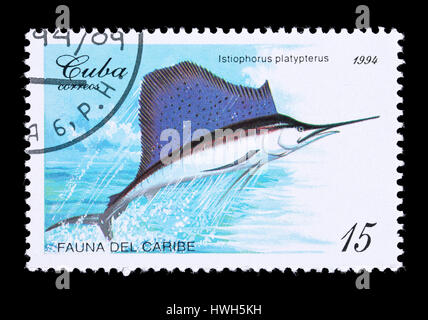 Briefmarke aus Kuba Darstellung (Istiophorus Platypterus) Stockfoto