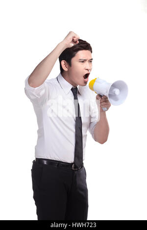 Asien-Geschäftsmann mit Megaphon isoliert auf weißem Hintergrund Stockfoto