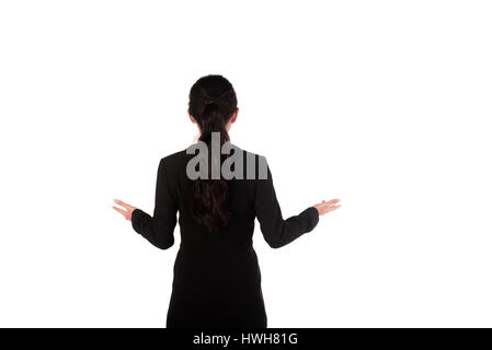 Vortrag von hinten genommen Geschäftsfrau isoliert auf weißem Hintergrund Stockfoto