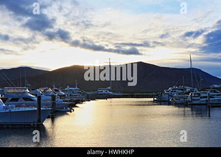 Cairns an der ersten Ampel Sonntag mit Sonnenaufgang über Trinity Inlet und die schimmernde auf den stillen Wassern der Cairns Marina Stockfoto